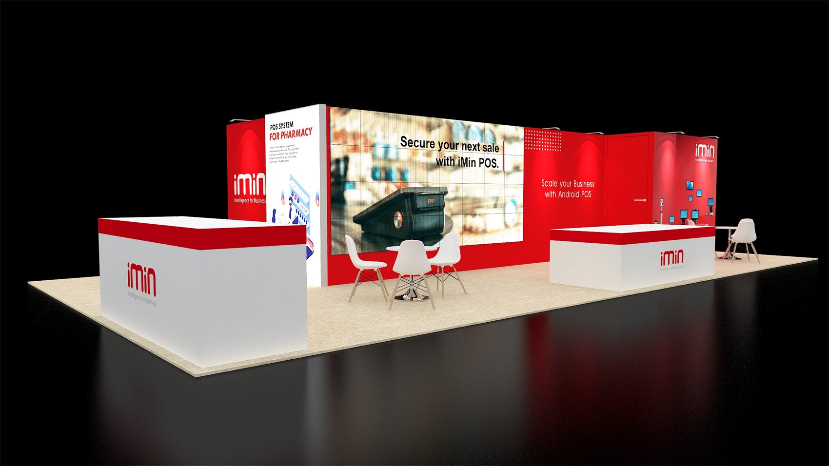 20×40 Peninsula Booth With LED Video Wall and Storage Room