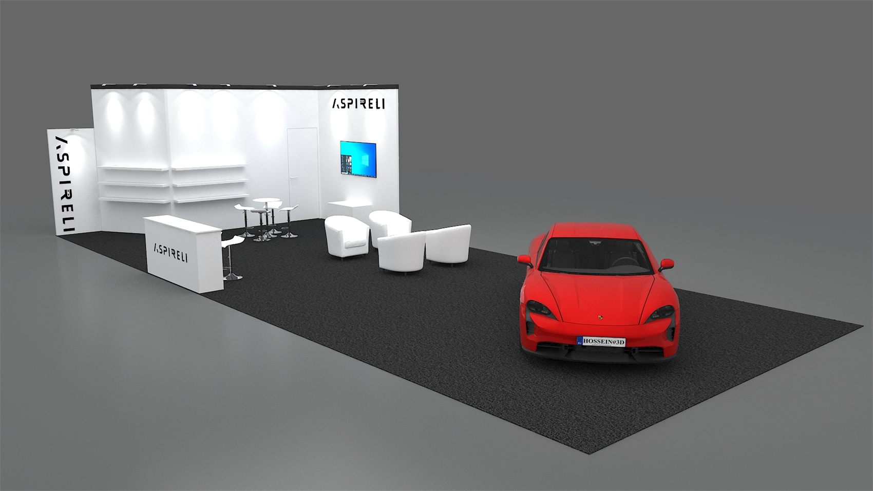 20×40 Peninsula Booth With Storage Room and Vehicle Display Area