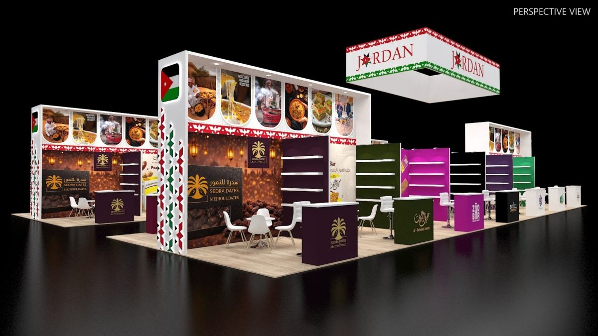 Design render of a 20×40 peninsula trade show booth: peninsula booth with tall header walls and square hanging sign