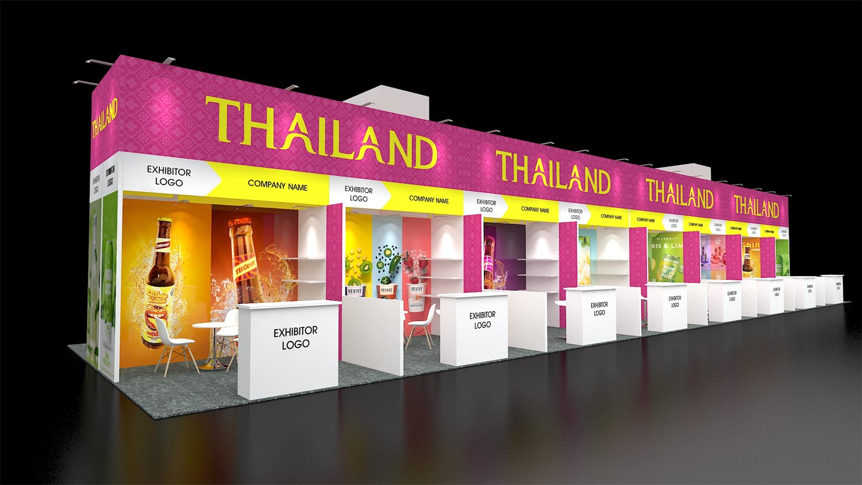 20×50 Island Booth With Multi-Exhibitor Pavilion Pods and Continuous Header