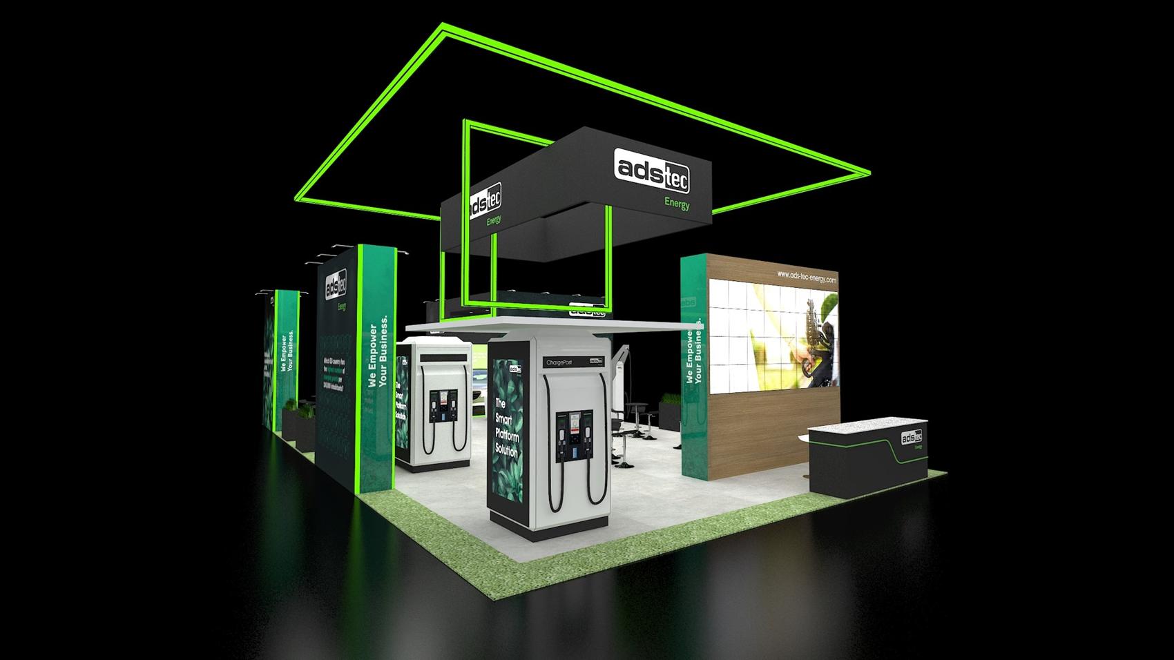 20×50 Island Booth With Neon Hanging Frame and Video Wall