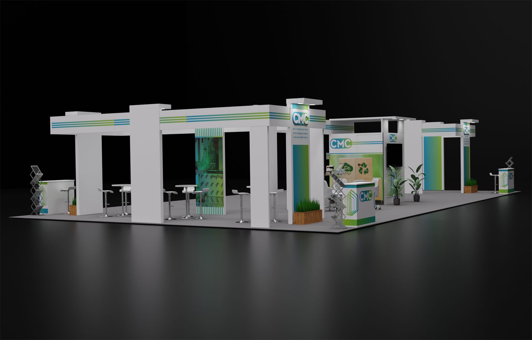 20×50 Island Booth With Portal Header Frames and Coffee Bar Lounge