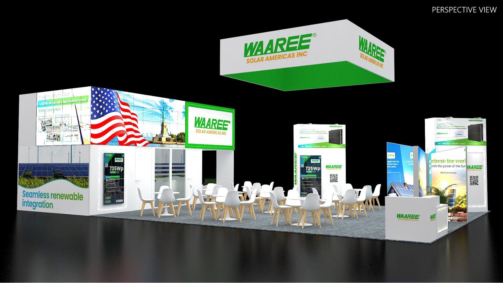 Design render of a 20×50 island trade show booth: island booth with rectangular hanging sign and large led header wall