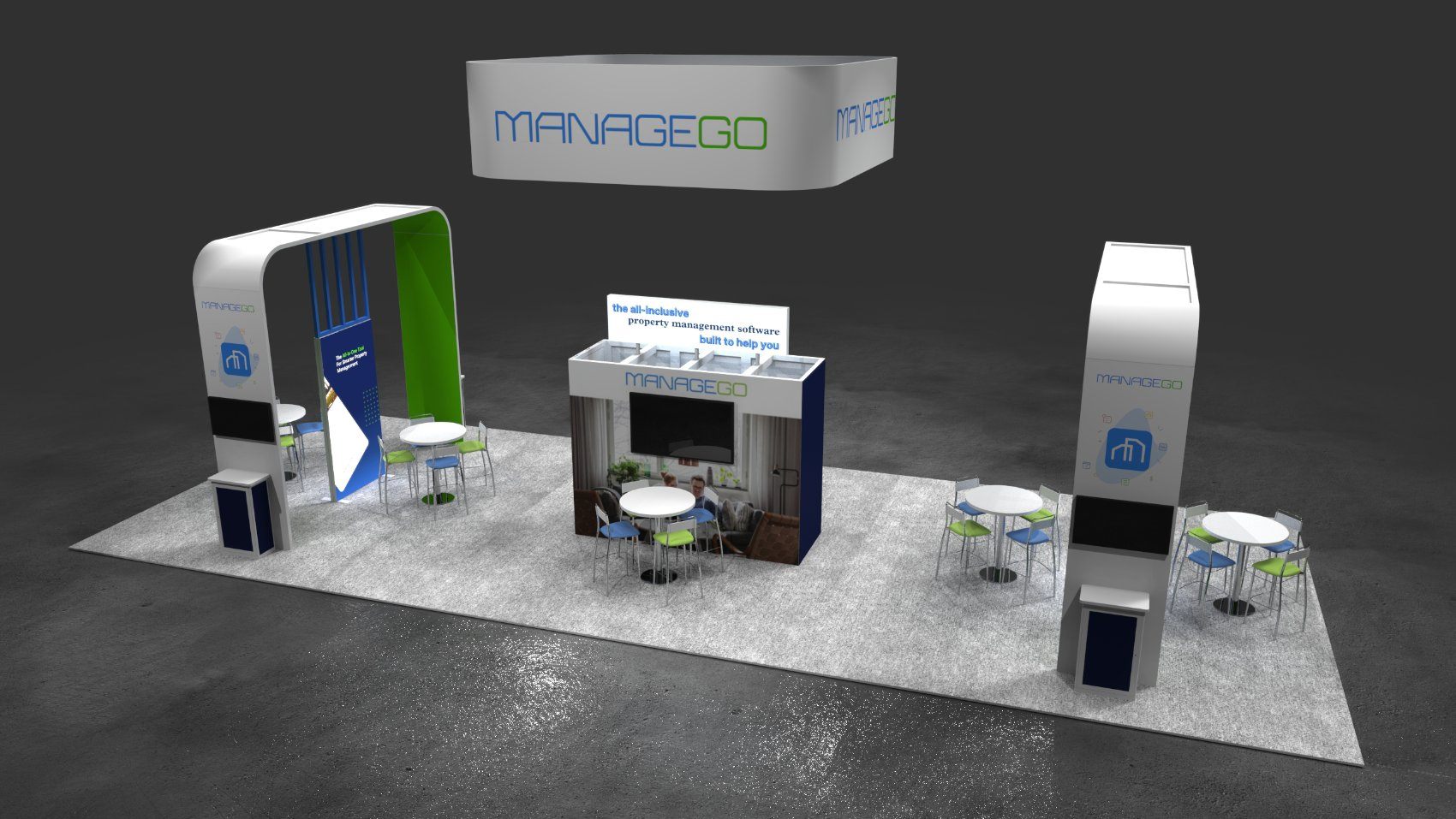 Design render of a 20×50 island trade show booth: island booth with rounded hanging sign and arch frames