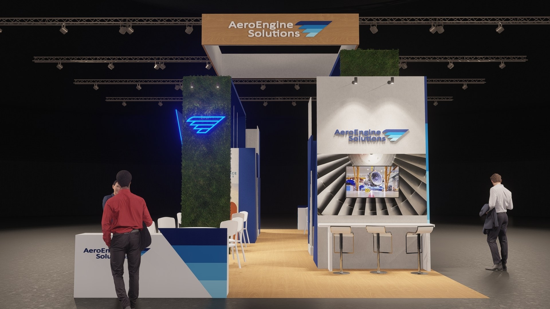 Design render of a 20×50 island trade show booth: island booth with square hanging sign and bar counter
