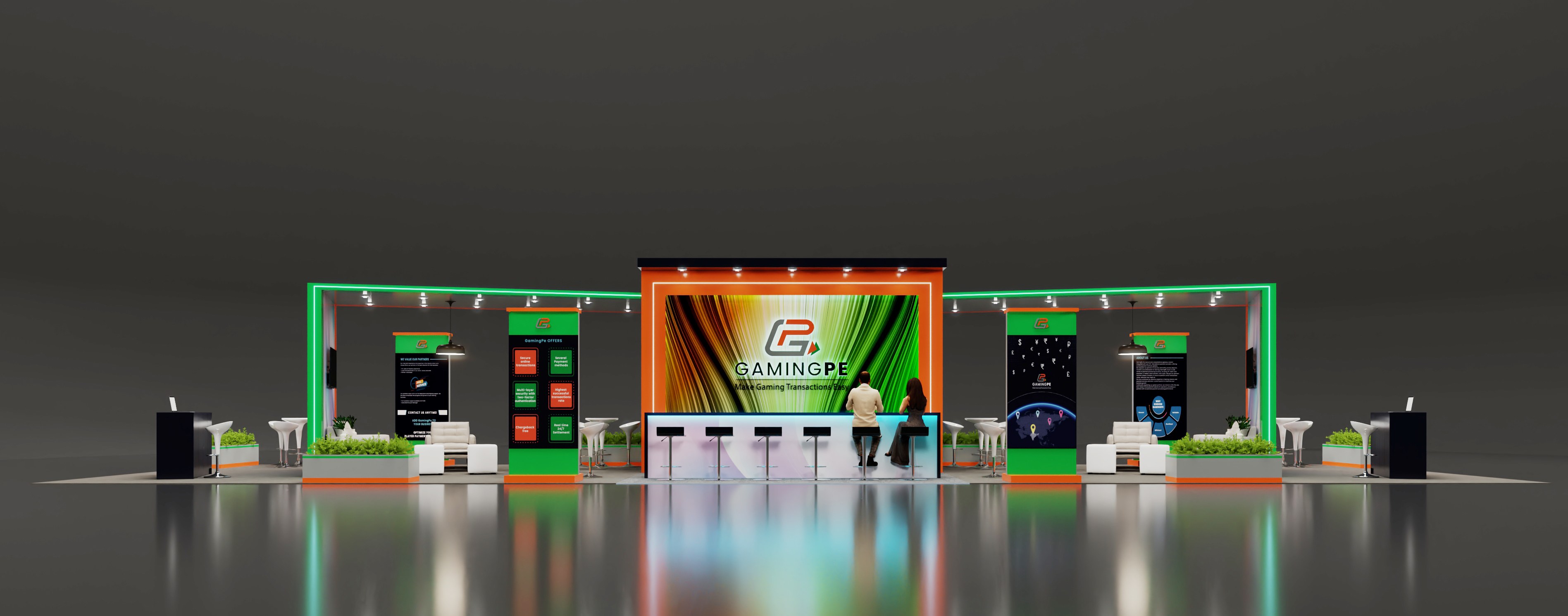 Design render of a 20×50 peninsula trade show booth: peninsula booth with backlit bar counter and twin lounge wings
