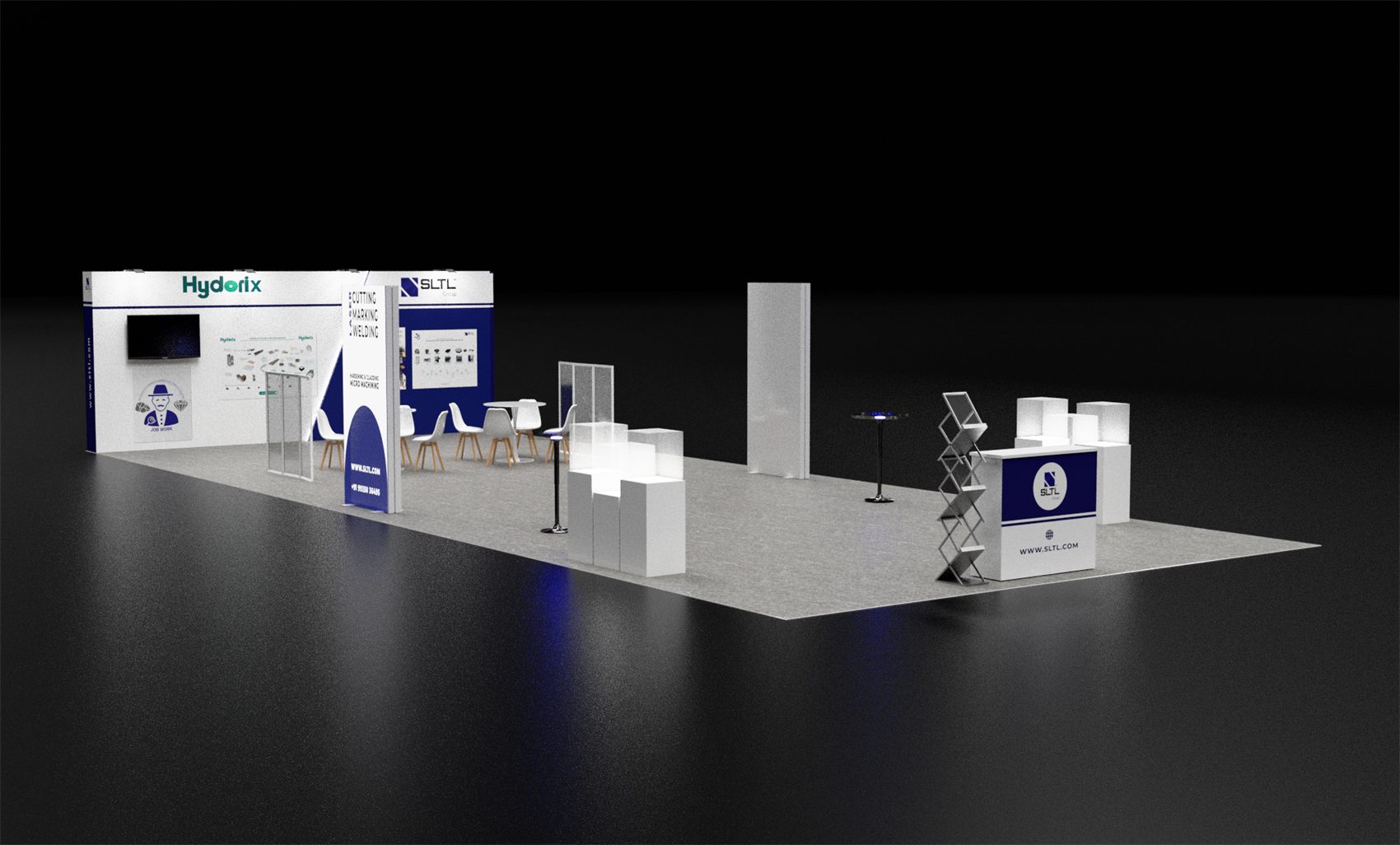20×50 Peninsula Booth With Open Equipment Floor and Branded Back Wall
