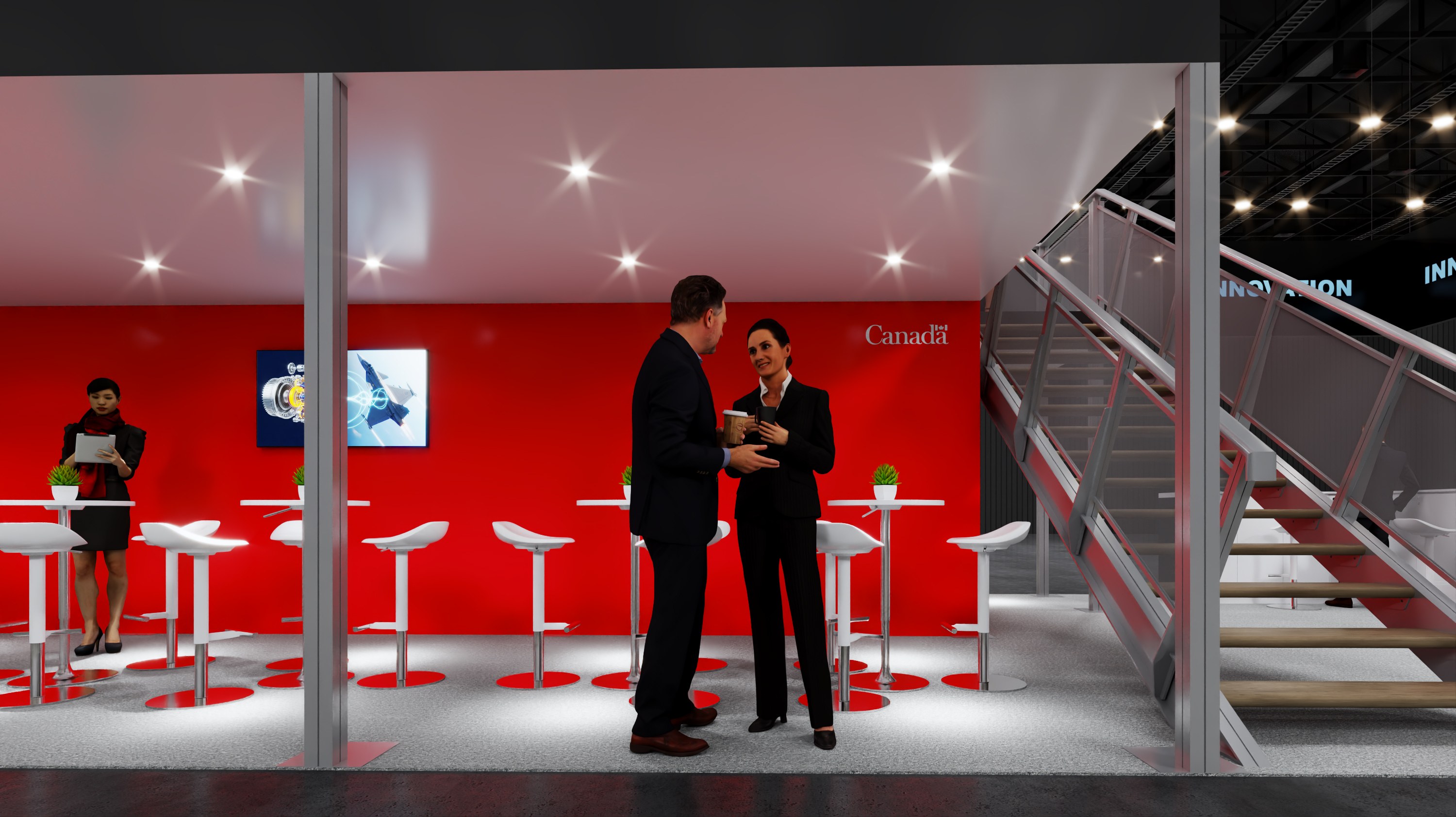 Design render of a 20×70 island trade show booth: island booth with two-story meeting rooms and twin staircases