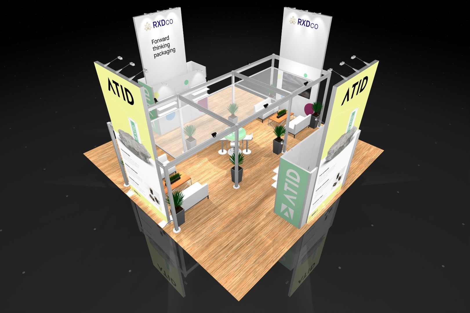 Design render of a 30×30 island trade show booth: island booth with aluminum pergola canopy and twin graphic towers