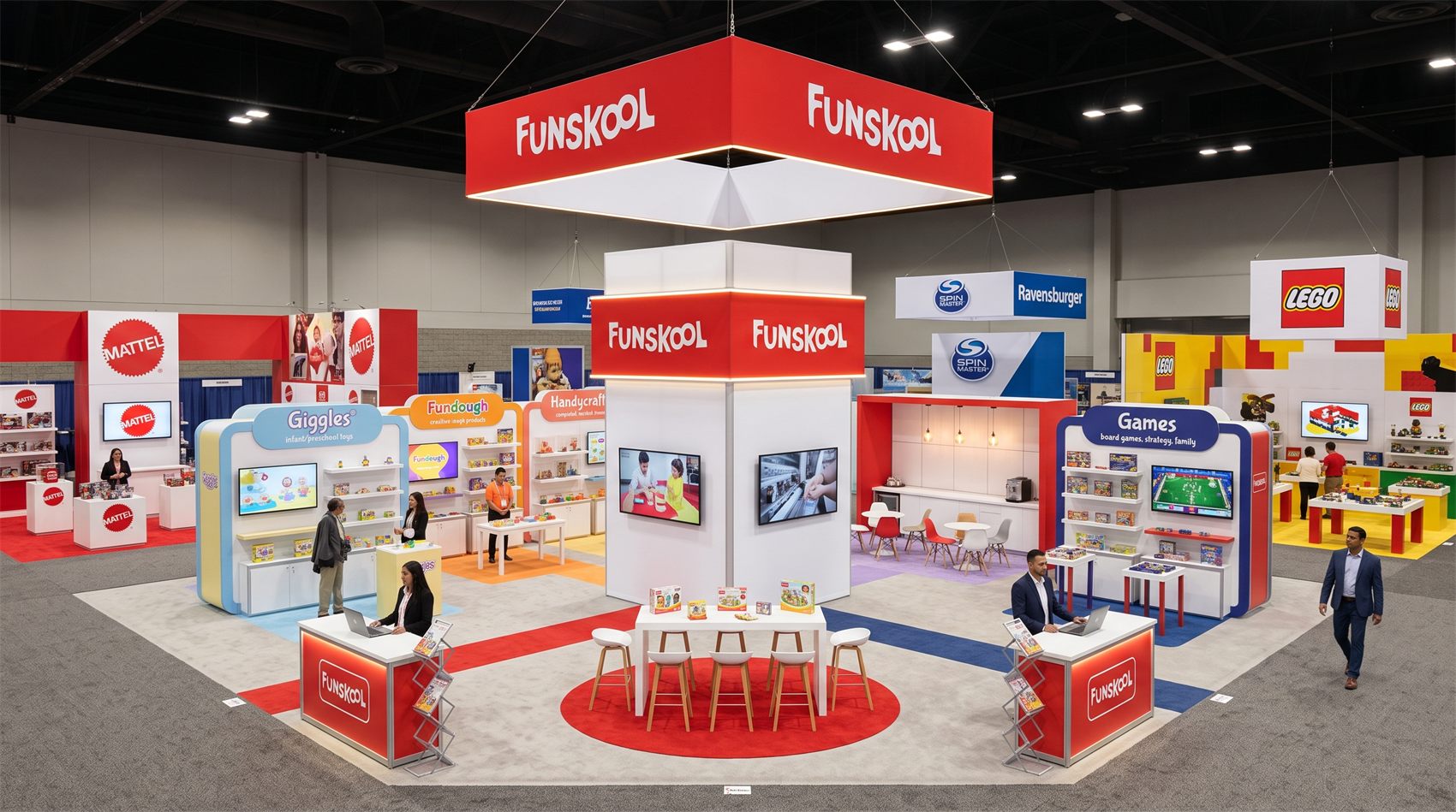 Design render of a 30×30 island trade show booth: island booth with central tower and four product display zones