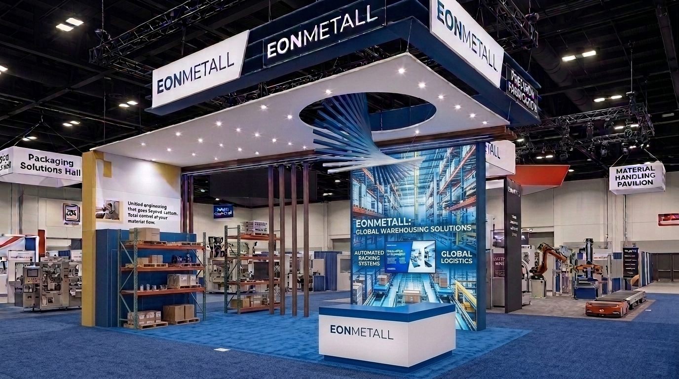 Design render of a 30×30 island trade show booth: island booth with overhead canopy and backlit graphic tower