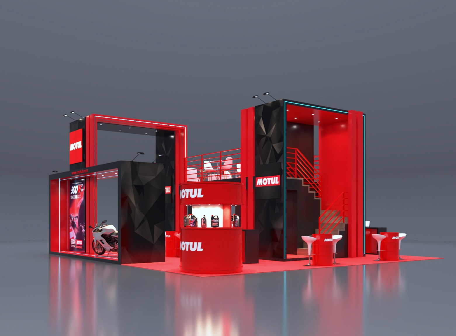 Design render of a 30×30 island trade show booth: island booth with two-story lounge deck and glass display room