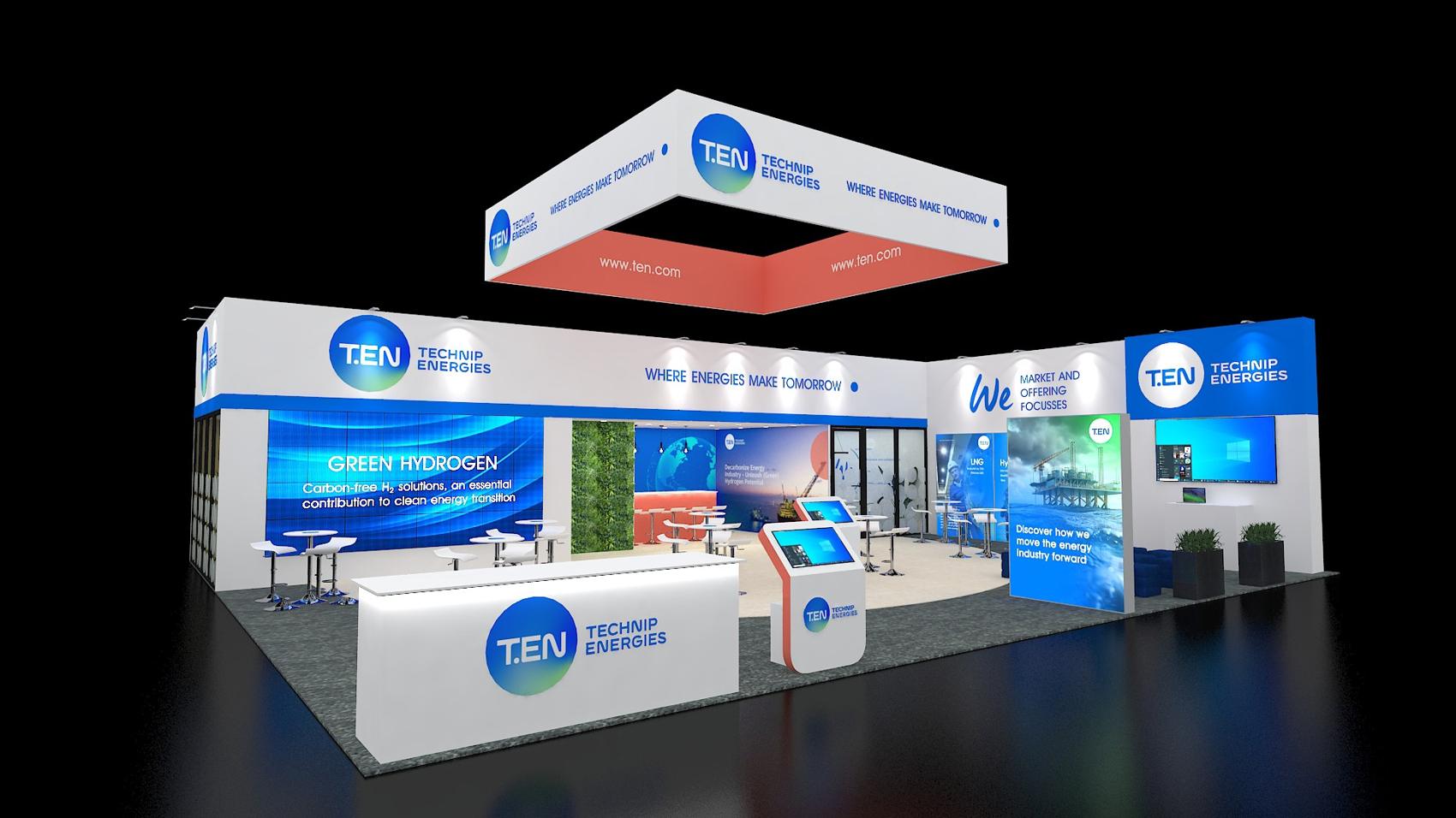 30×30 Peninsula Booth Booth With Video Wall, Kiosks and Hanging Sign