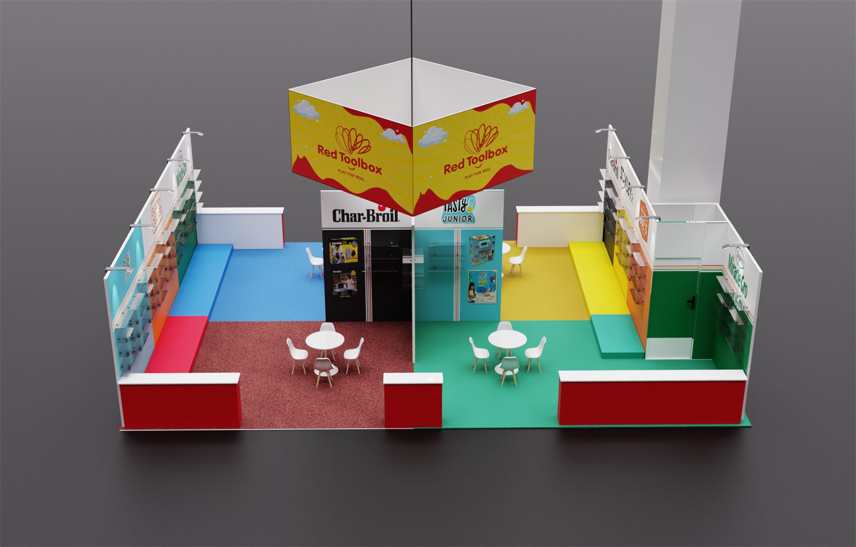 30×30 Peninsula Booth With Square Hanging Sign and Color-Zoned Play Areas
