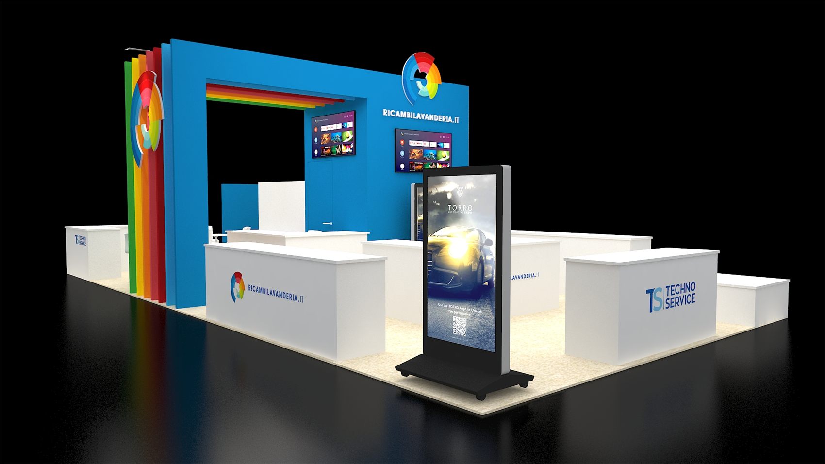 30×40 Island Booth With Rainbow-Stripe Portal Wall and Perimeter Counters