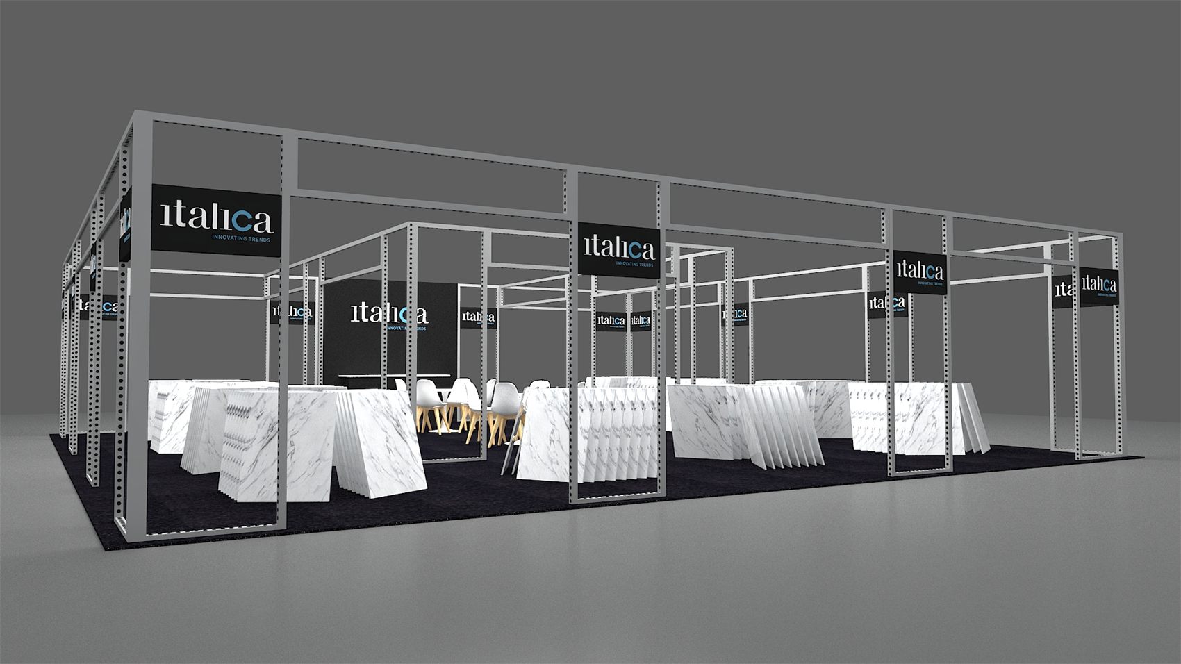 30×50 Island Booth With Overhead Metal Frame Structure and Slab Display Area