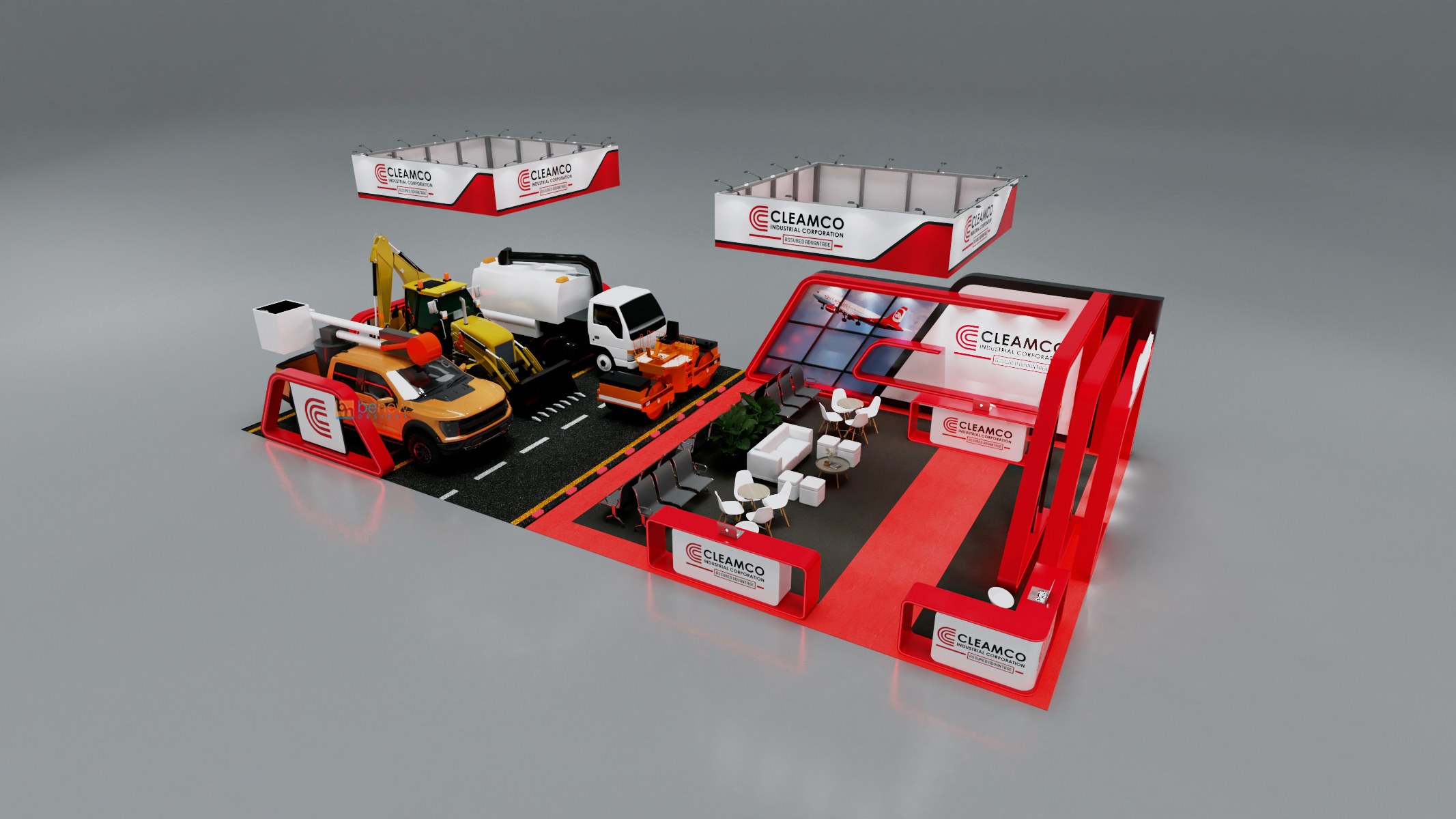 Design render of a 30×50 island trade show booth: island booth with two hanging signs and video wall lounge