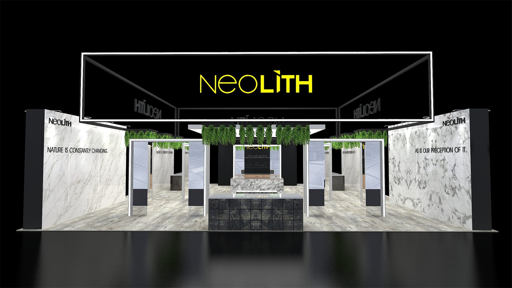 40×40 Inline Booth With Illuminated Frame Hanging Sign and Greenery-Topped Portals