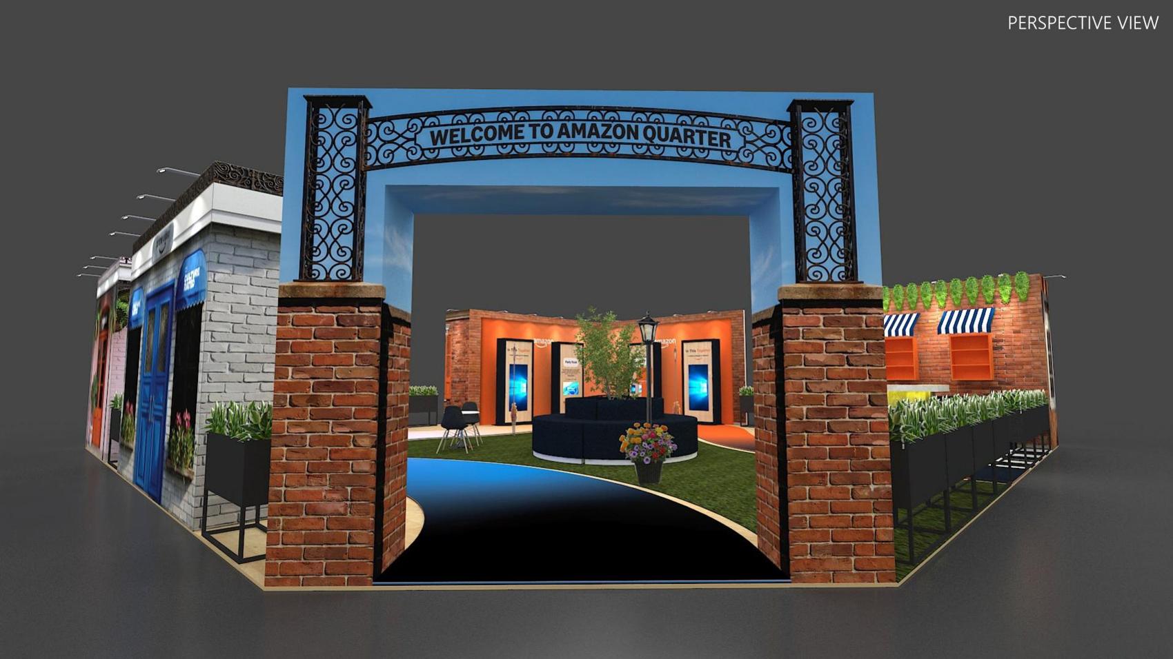 40×40 Island Booth With Brick Arch and Park Lounge