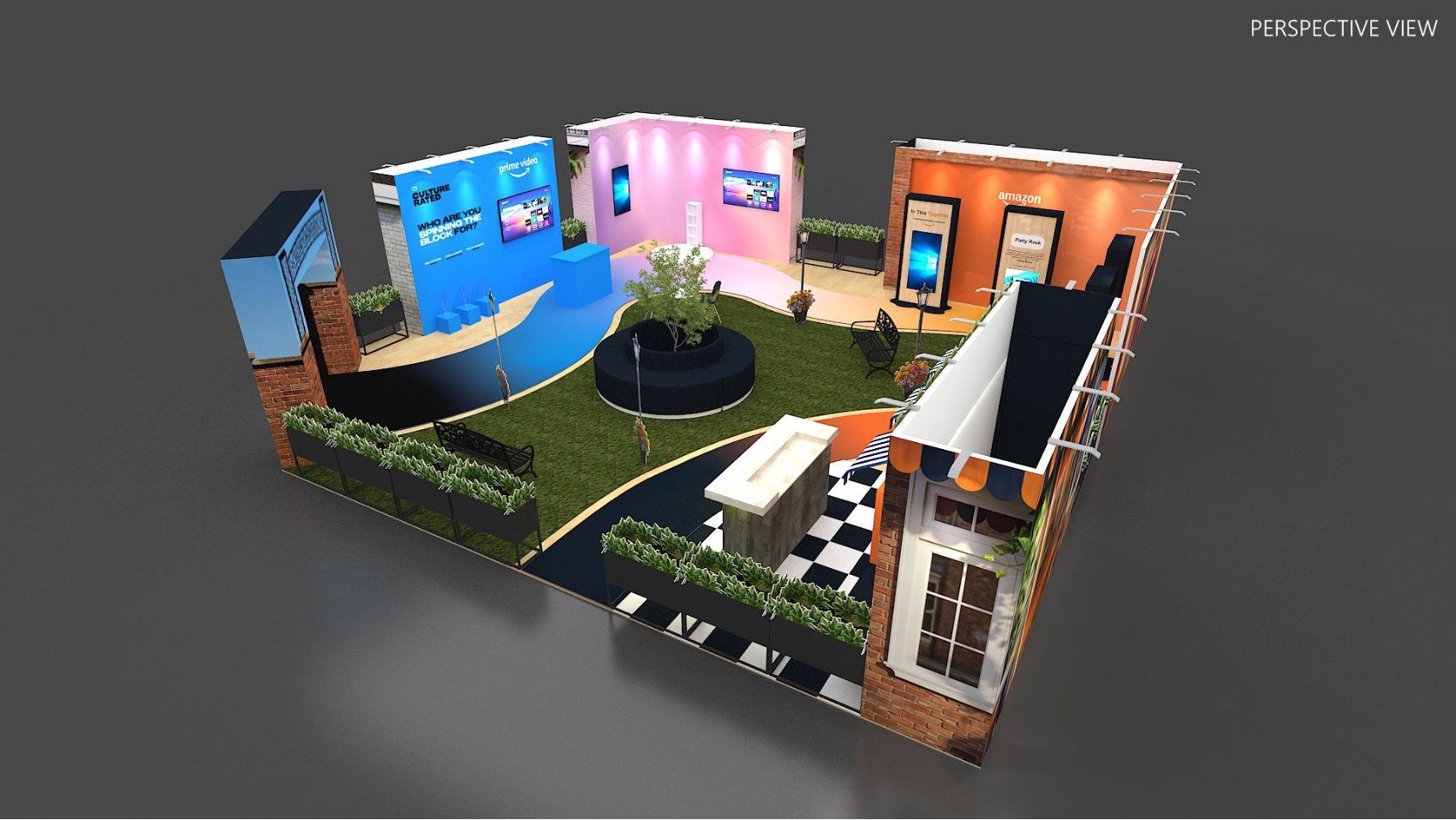 Design render of a 40×40 island trade show booth: island booth with brick street facades and garden lounge