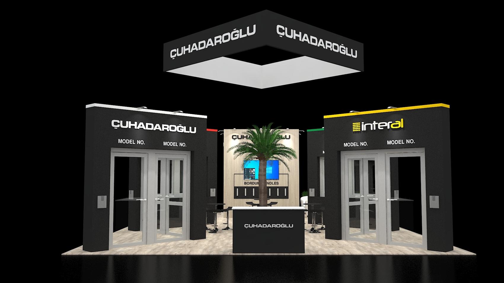 40×40 Island Booth With Door Display Bays and Hanging Sign