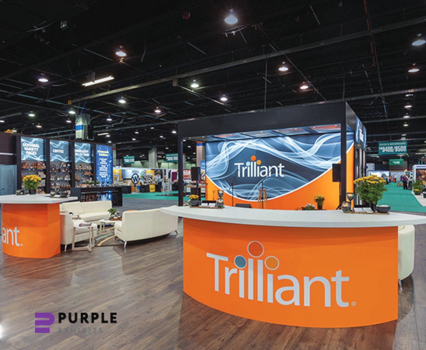 Design render of a 40×40 island trade show booth: island booth with framed presentation stage and curved reception counters