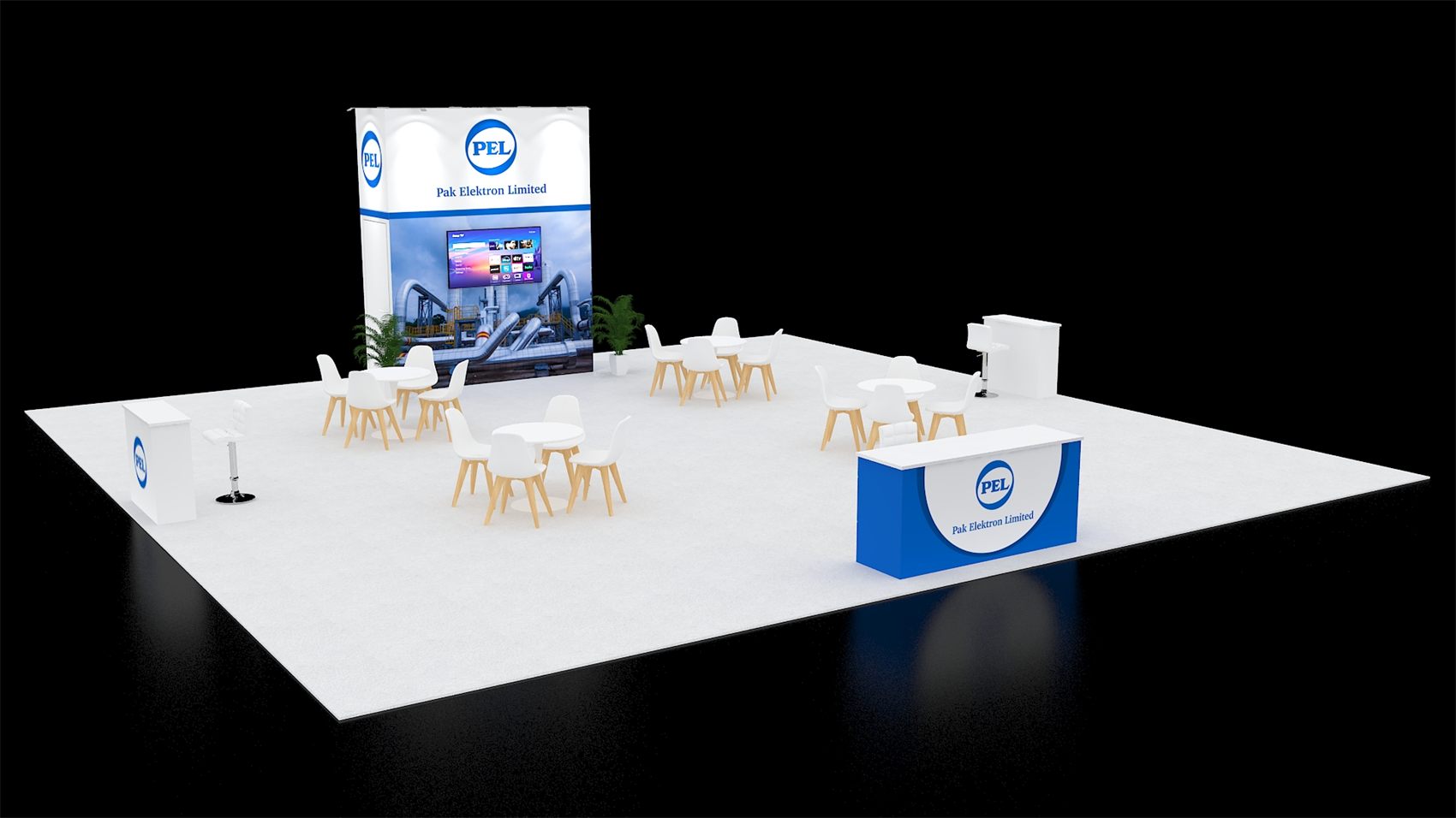 40×40 Island Booth With Graphic Tower Wall and Open Café Seating