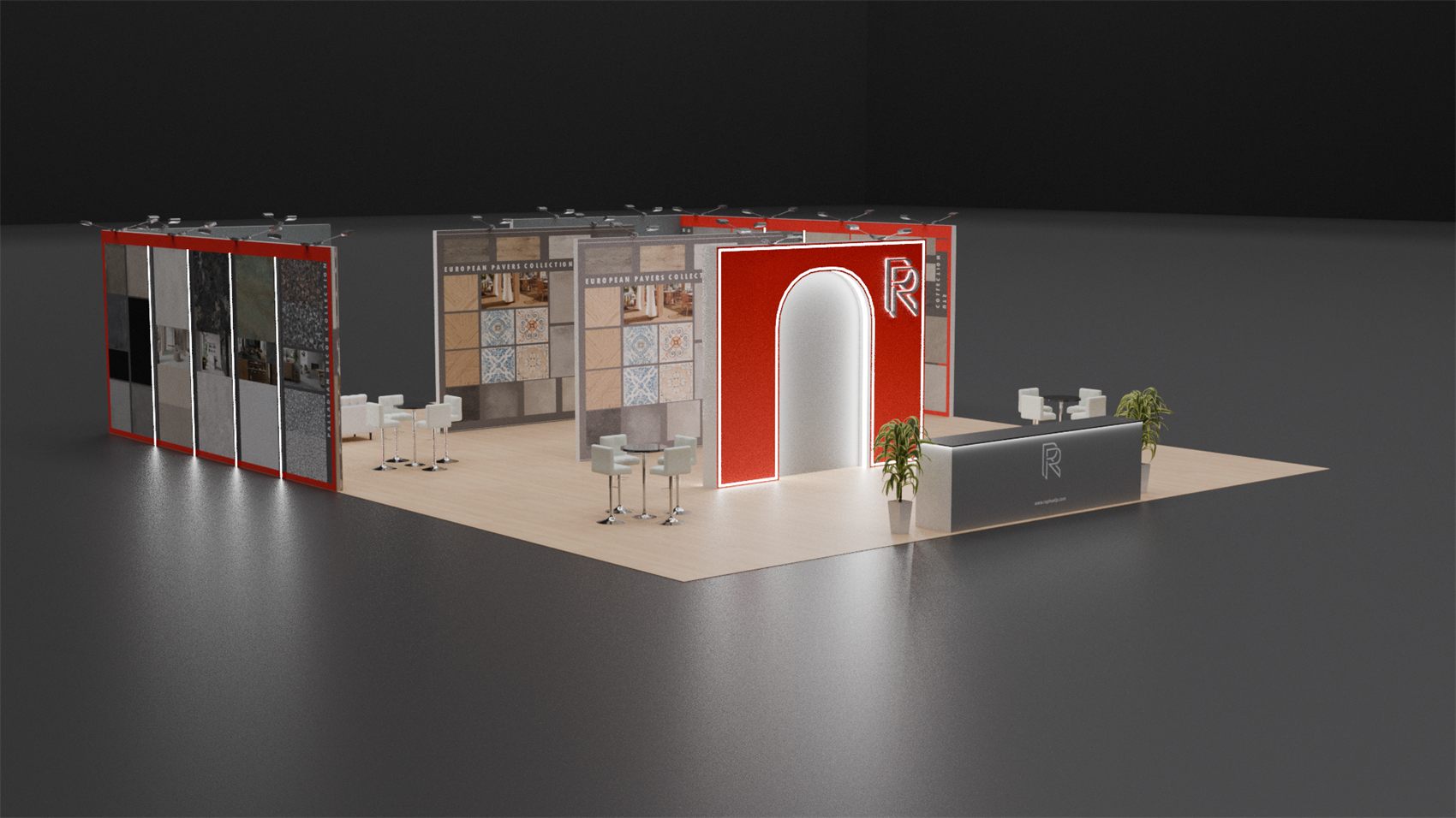 40×40 Island Booth With Illuminated Arch Portal and Tile Sample Walls