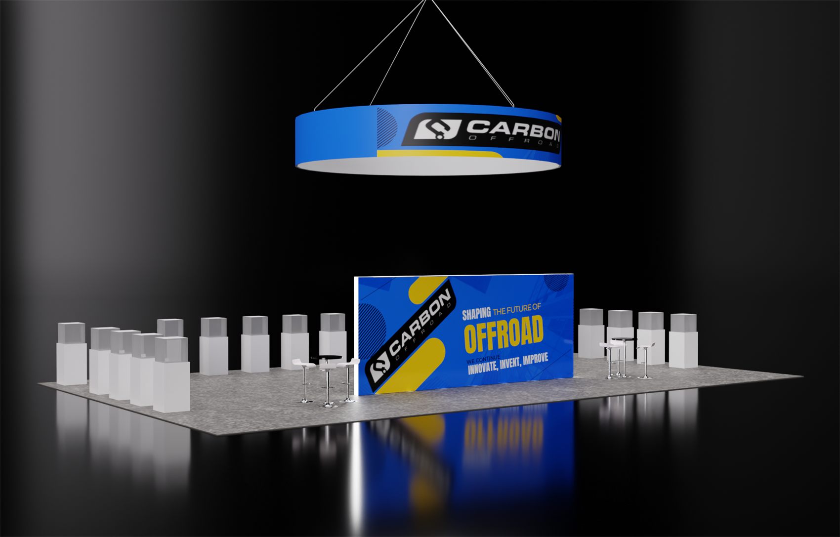 40×40 Island Booth With Round Hanging Sign and Display Pedestal Rows