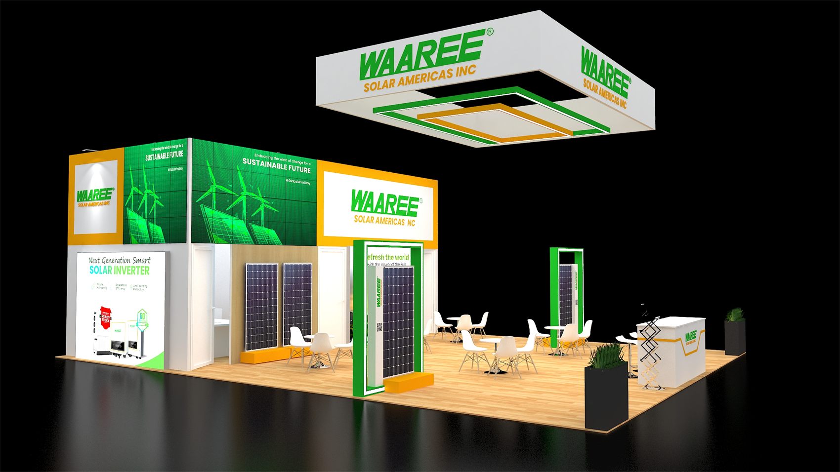 40×40 Island Booth With Square Hanging Sign and LED Video Wall Header