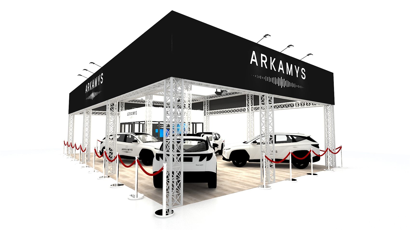 40×40 Island Booth With Truss Frame Header and Vehicle Display Floor