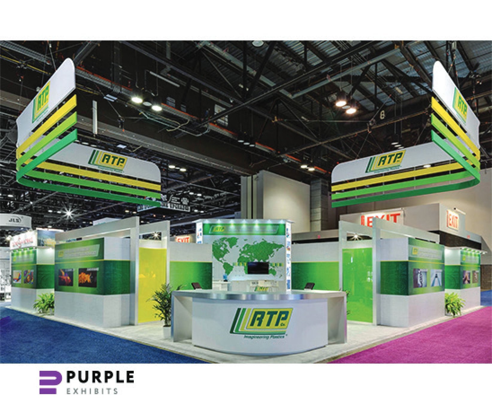Design render of a 40×40 island trade show booth: island booth with twin layered hanging signs and curved reception counter