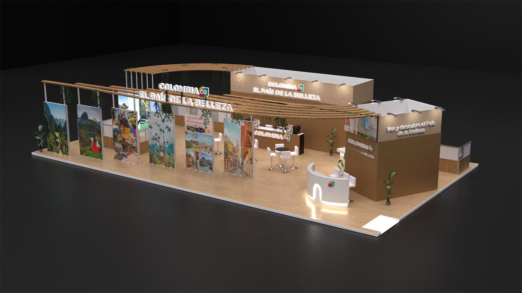 40×60 Island Booth With Wood Pergola Canopy and Coffee Bar