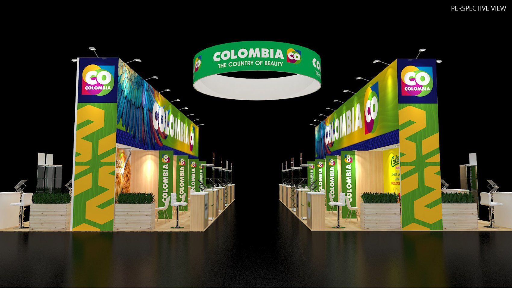 Design render of a 50×50 island trade show booth: island booth with ring hanging sign and two display aisles