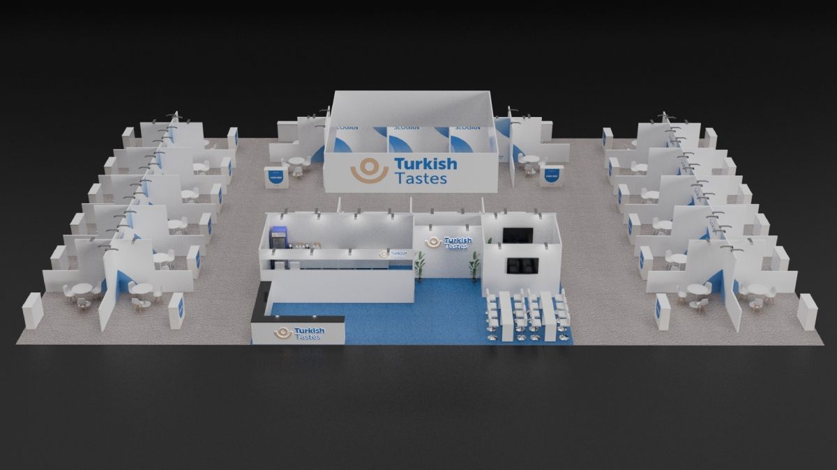 Design render of a 60×60 island trade show booth: island pavilion with reception bar and ten private meeting pods