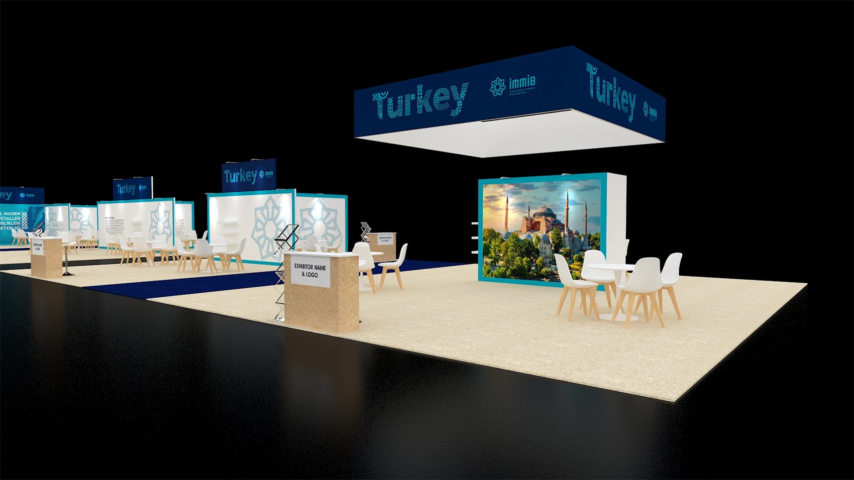 60×60 Island Pavilion With Square Hanging Sign and Exhibitor Pods