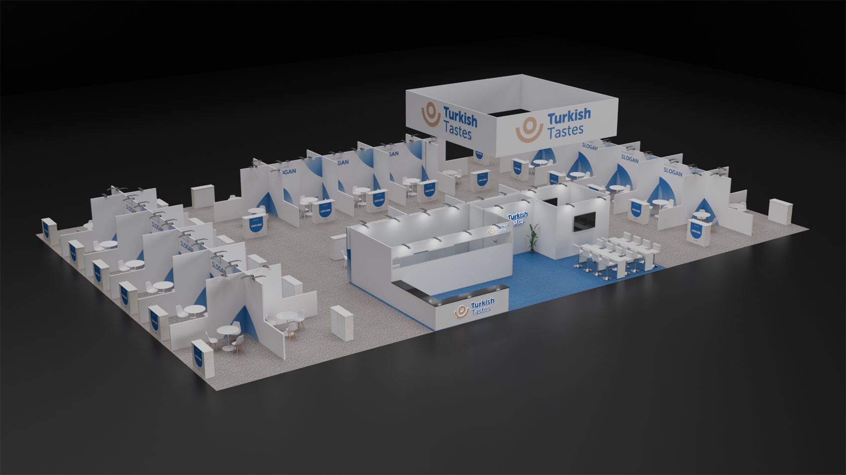 60×60 Island Booth With Exhibitor Pods and Square Hanging Sign
