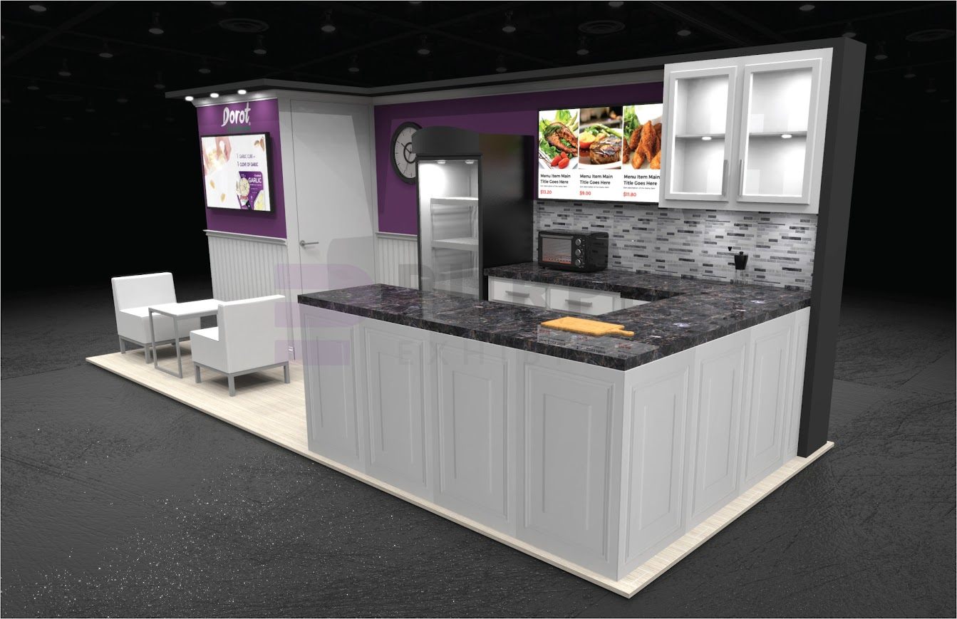 Design render of an 8×20 corner trade show booth: corner booth with u-shaped counter and glass-door fridge