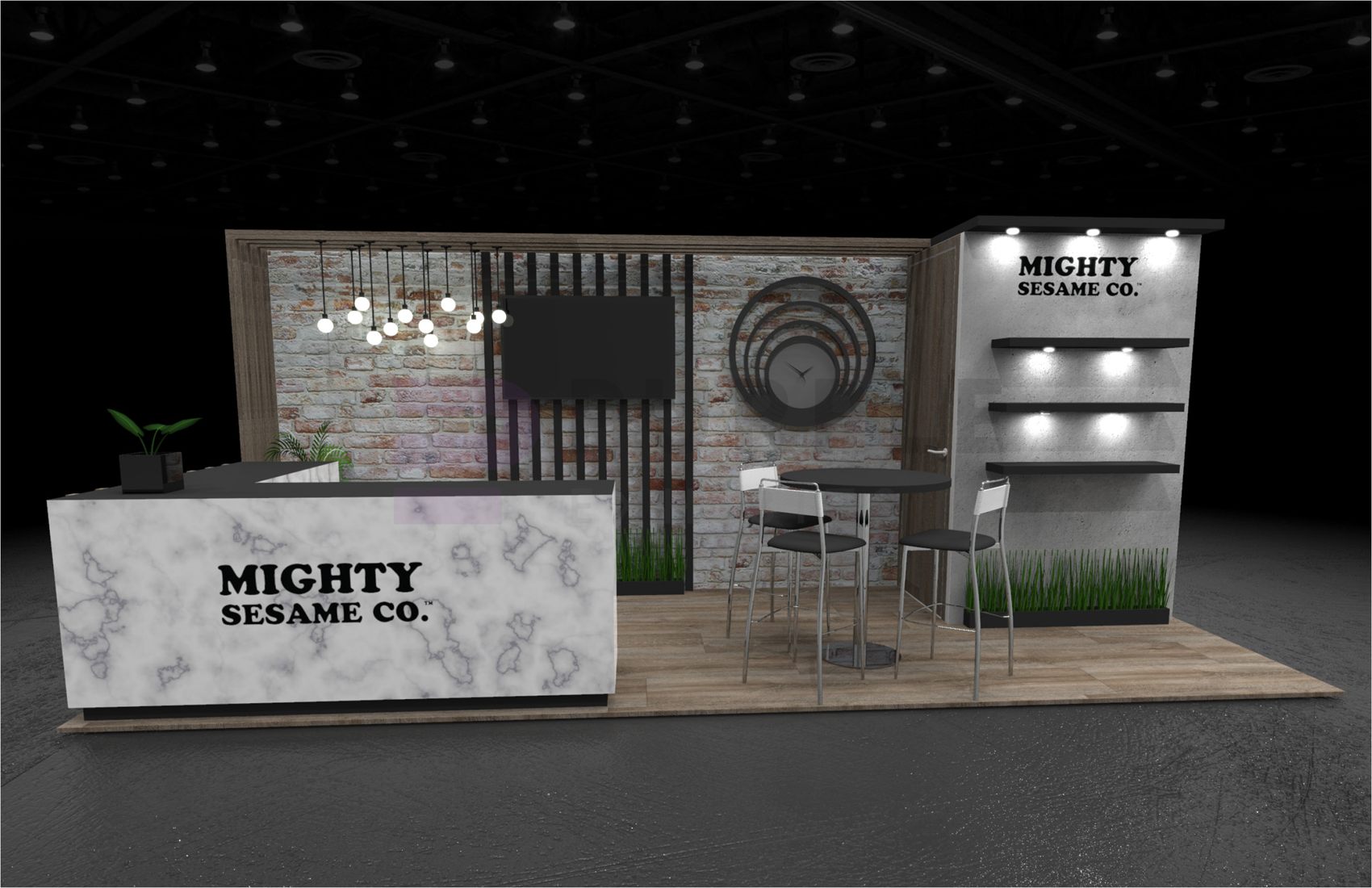 8×20 Inline Booth With Brick-Look Wall and Edison Pendant Lights
