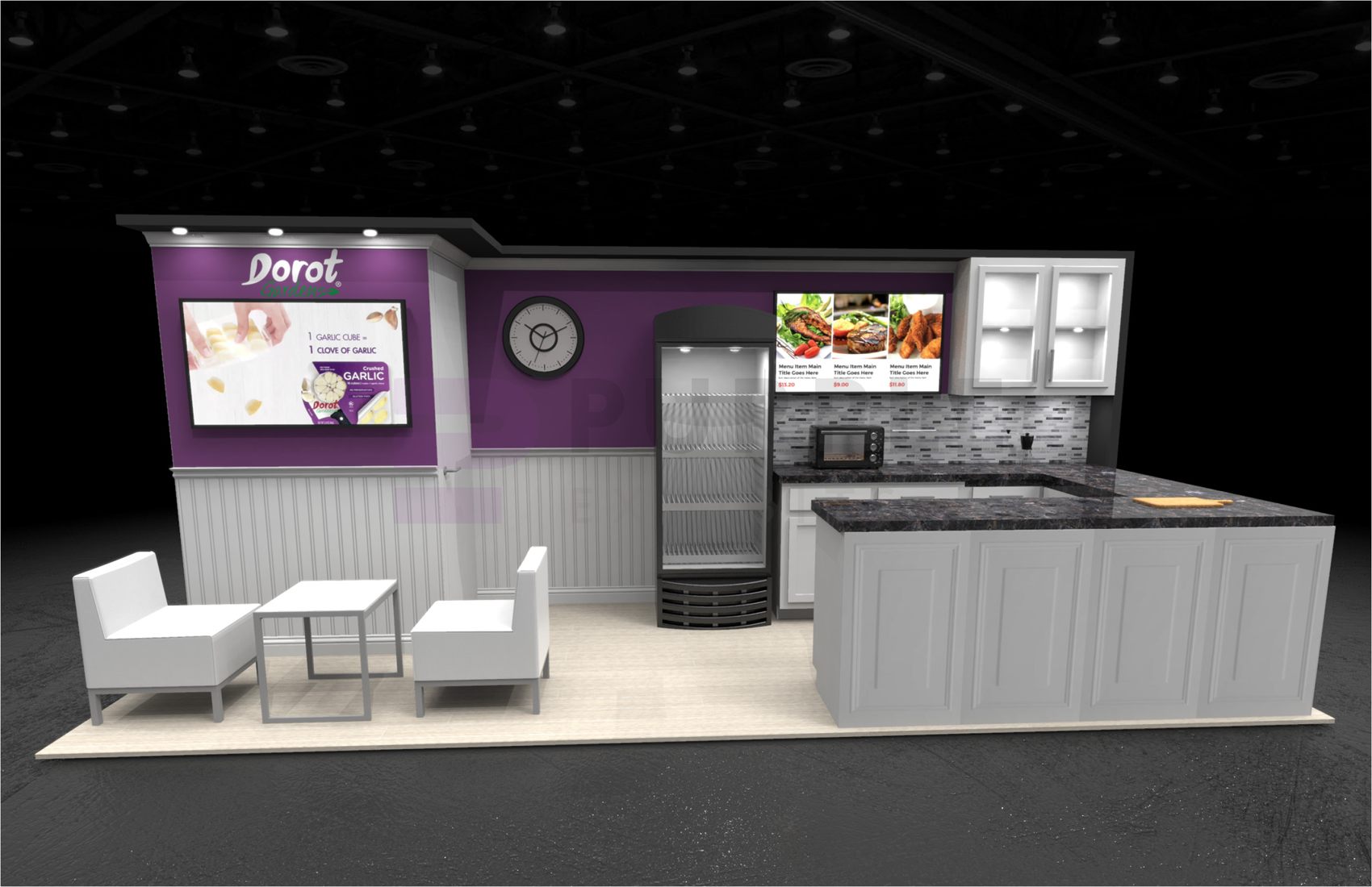 8×20 Inline Booth With Demo Kitchen and Glass-Door Fridge