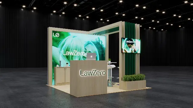 10×10 Corner Booth With Backlit Graphic Wall and Slatted Wood Canopy