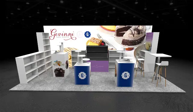 10×20 Corner Booth With Backlit Graphic Wall and Refrigerated Display Case