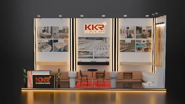 10×20 Corner Booth With Backlit Photo Wall and LED-Edged Platform