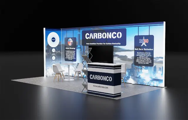 10×20 Corner Booth With Backlit Wall and Hanging Info Panels