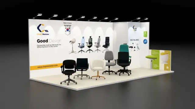 10×20 Corner Booth With Bright Wall Graphics and Product Chair Display