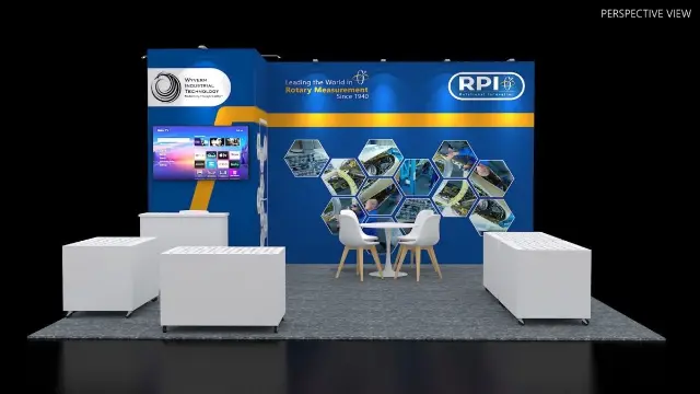 10×20 Corner Booth With Corner Tower With TV and Rolling Display Counters