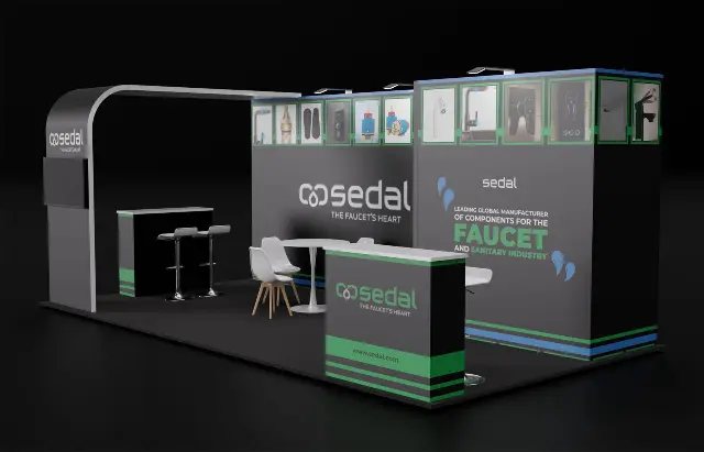 10×20 Corner Booth With Curved Arch Header and Product Image Frieze
