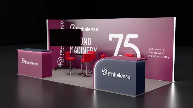 10×20 Corner Booth With Curved Reception Counter and TV Stand