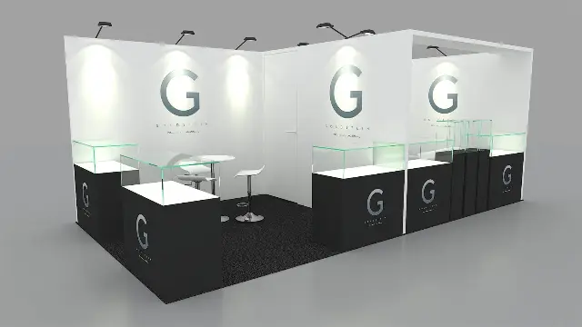 10×20 Corner Booth With Glass Jewelry Showcases and Storage Room