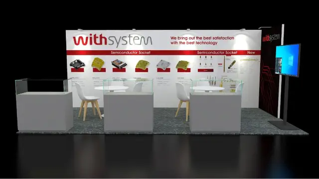 10×20 Corner Booth With Glass-Top Display Counters and Screen on Stand